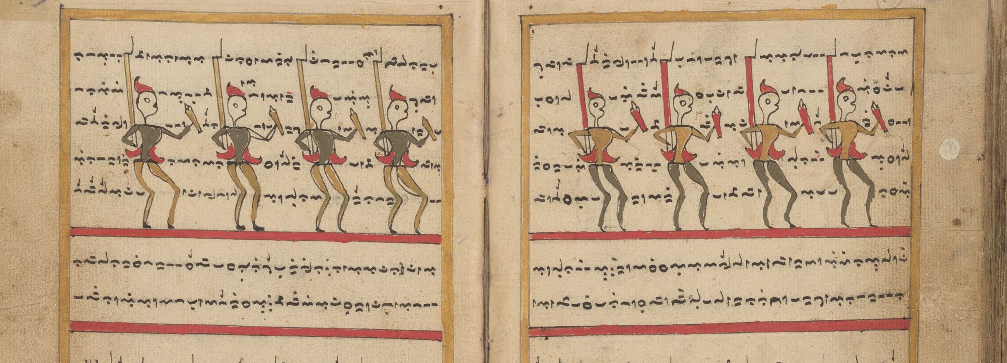 Two facing pages of a Bugis Lontara manuscript, with rows of script and painted figures carrying banners.