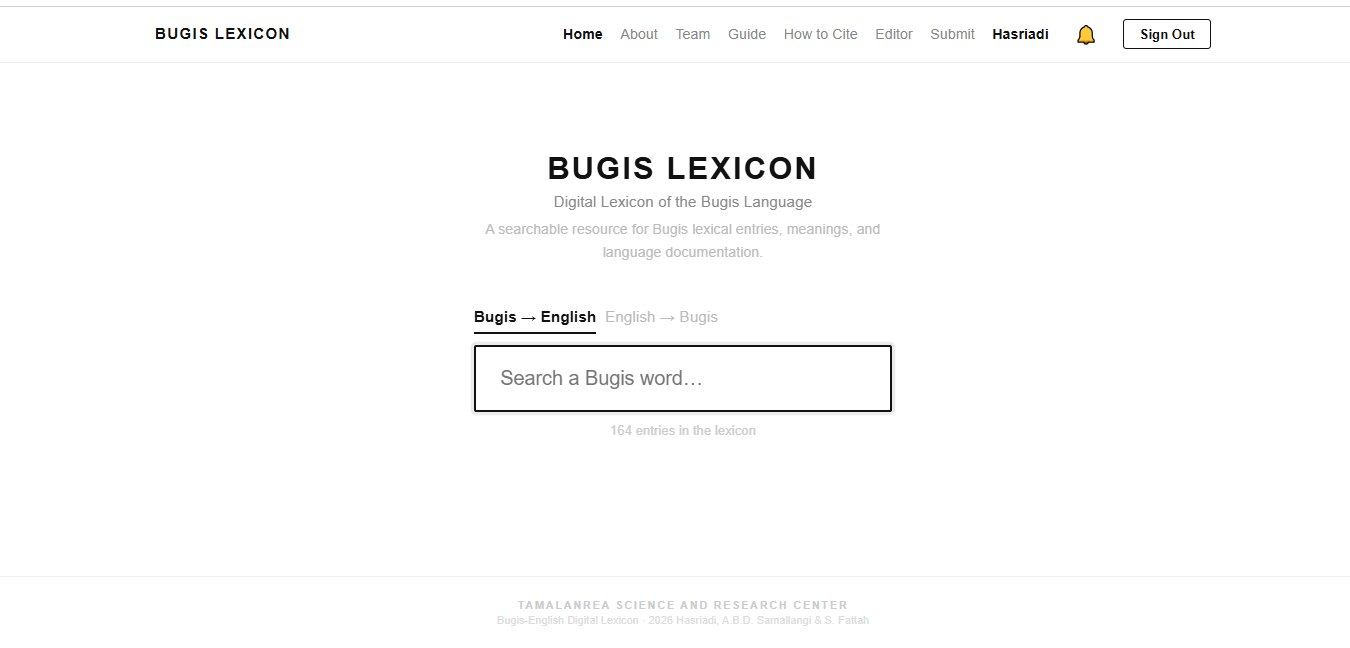 The Bugis Lexicon interface: a search field for Bugis words, with a toggle between Bugis to English and English to Bugis.