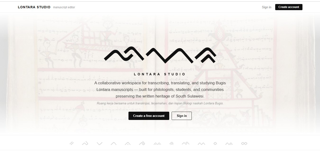 The Lontara Studio landing page, showing a manuscript page faint in the background behind the workspace title.